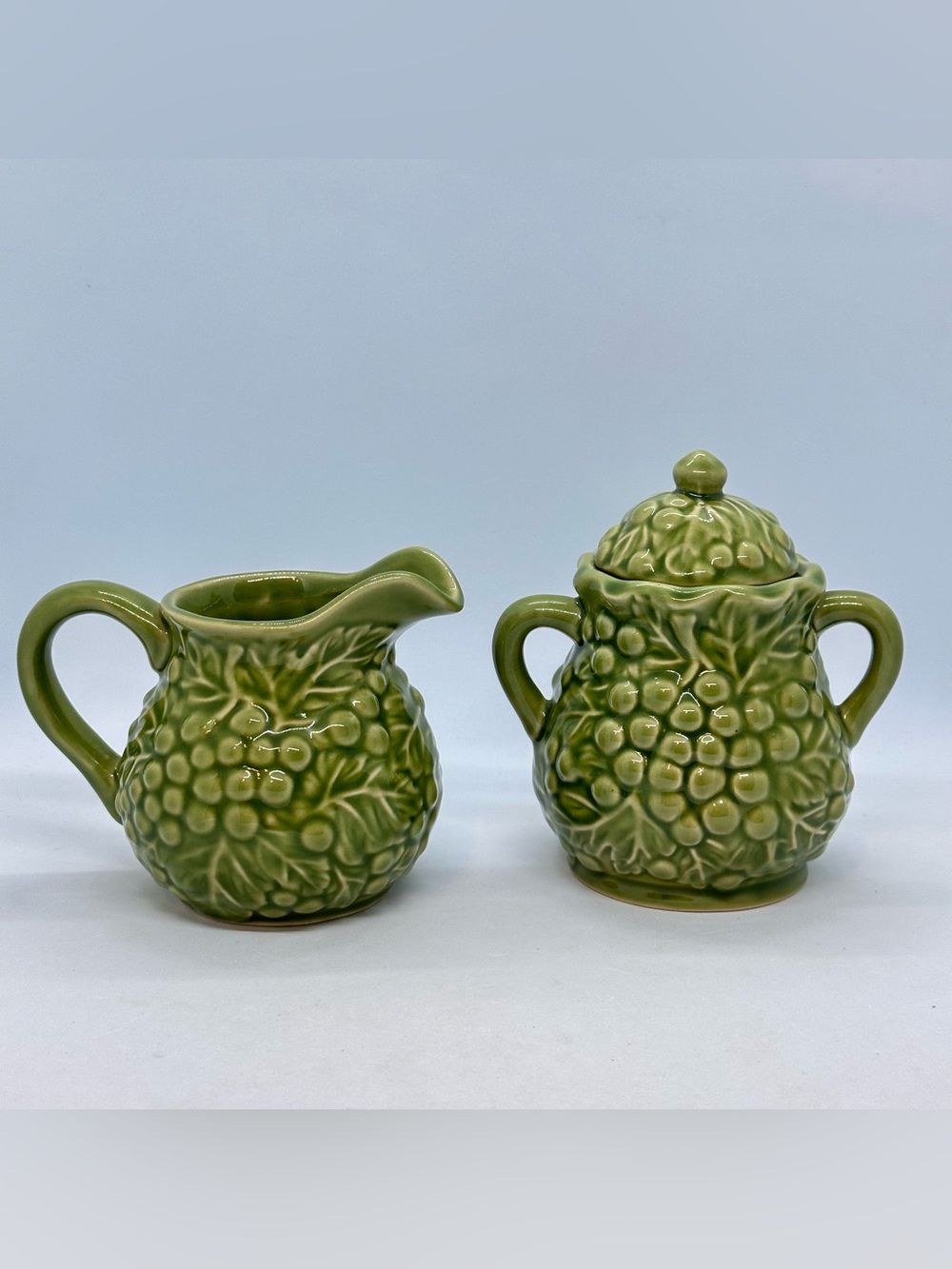 Vintage Green Grape Vine Ceramic Sugar Bowl with Lid and Creamer Set*Has Crazing
